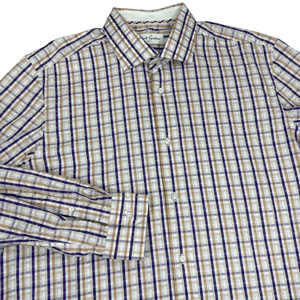 Robert Graham Shirt Men's 42 17 Purple Tan Check Flip Cuff Cotton Long Sleeve